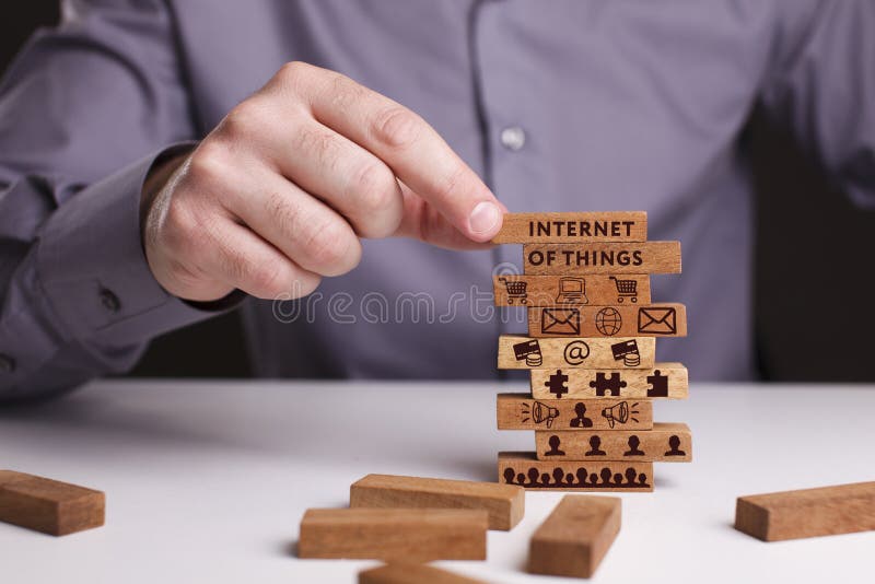 The concept of technology, the Internet and the network. Businessman shows a working model of business: Internet of things stock images