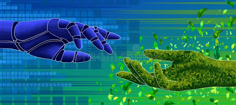 Da un natura connessione, mano un verde pianta mano Incontrare sul astratto, formato pubblicitario destinato principalmente all'uso sui siti web.