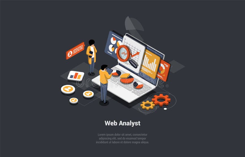 Concept Of Testing, Data Analysis, Debugging And Analyst. Web Analyst Man And Woman Marketers Analyze Chart, Diagram royalty free illustration