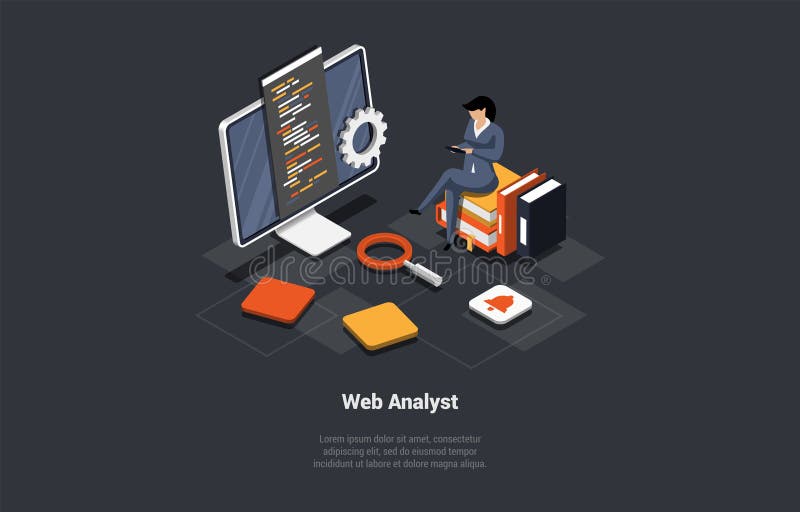 Concept Of Testing, Data Analysis, Debugging. SEO Web Analyst Woman Marketer Analyzing Data And Diagram On Computer vector illustration