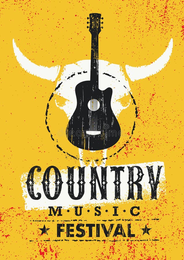 Concept texturisé d'affiche de vecteur créatif de festival de musique country avec le crâne de guitare et de vache sur le fond gr
