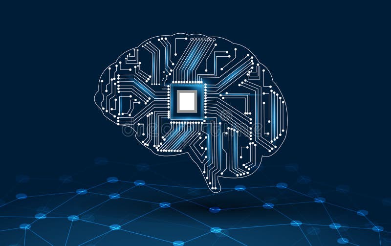 Concept of thinking.background with brain CPU Mind series technology symbols subject of computer science, artificial royalty free illustration Concept of thinking.background with brain CPU Mind series technology symbols subject of computer science, artificial royalty free illustration