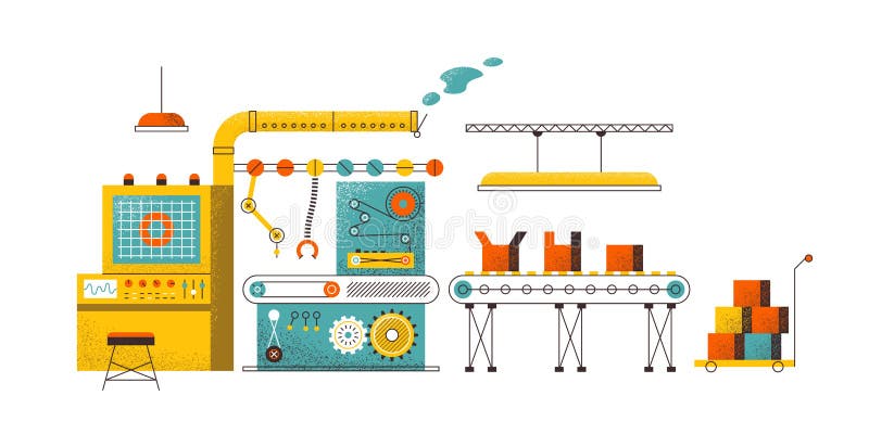 Concept transportor de fabricație. robot de ambalare tehnologie modernă pentru asamblarea fabricii. vector conveier royalty free illustration