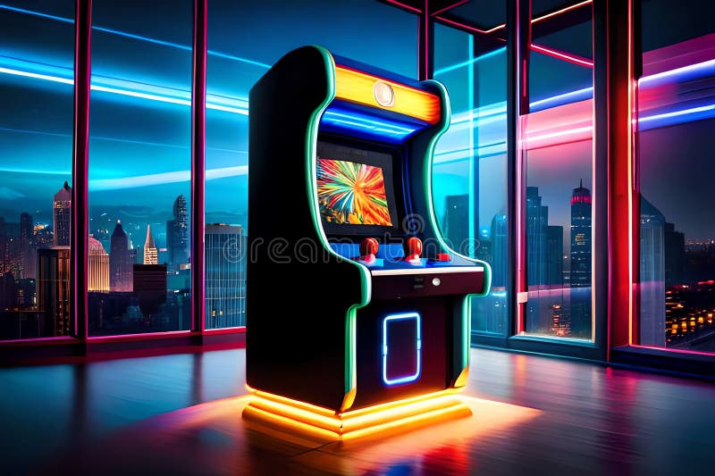 Unique wallpaper is the gamer of the future. Awesome picture of the arcade  machine with neon lights and bright effects. Future of gaming concept.  Generative AI Stock Illustration