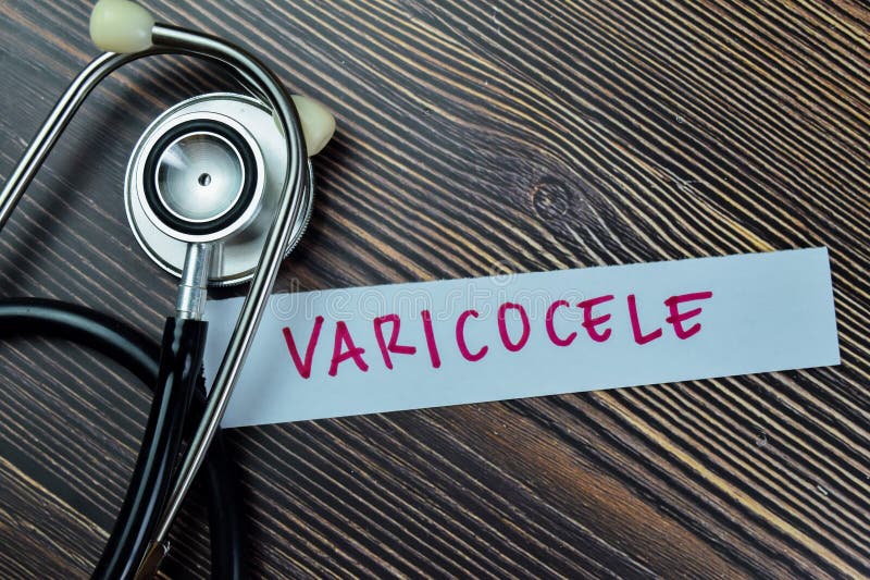 Concept of Varicocele write on sticky notes with stethoscope isolated on Wooden Table