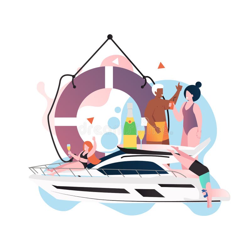 Huge lifebuoy and micro characters happy friends relaxing, having party on luxury yacht, vector illustration. People drinking champagne, jumping in water, sunbathing. Sea travel, cruise time concept. Huge lifebuoy and micro characters happy friends relaxing, having party on luxury yacht, vector illustration. People drinking champagne, jumping in water, sunbathing. Sea travel, cruise time concept