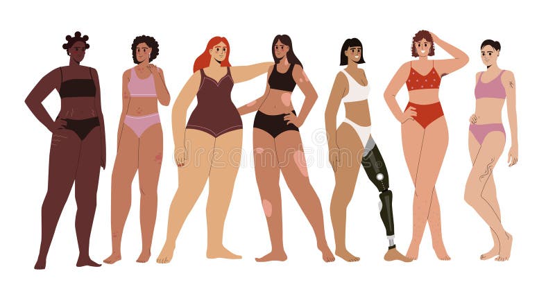 Body positive and self acceptance. Women of different ages, skin colors, ethnic groups and body types. Girls in swimsuits standing together. Cartoon flat vector illustration isolated on white. Body positive and self acceptance. Women of different ages, skin colors, ethnic groups and body types. Girls in swimsuits standing together. Cartoon flat vector illustration isolated on white