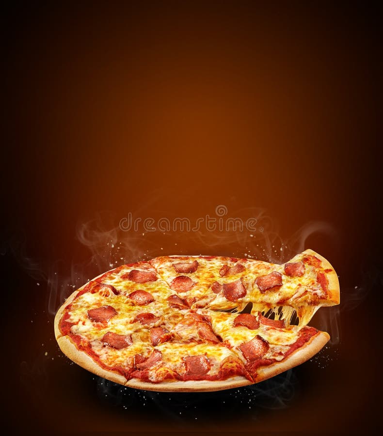 Concept promotional flyer and poster for pizzeria menu with delicious taste pizza pepperoni, mozzarella cheese and copy space