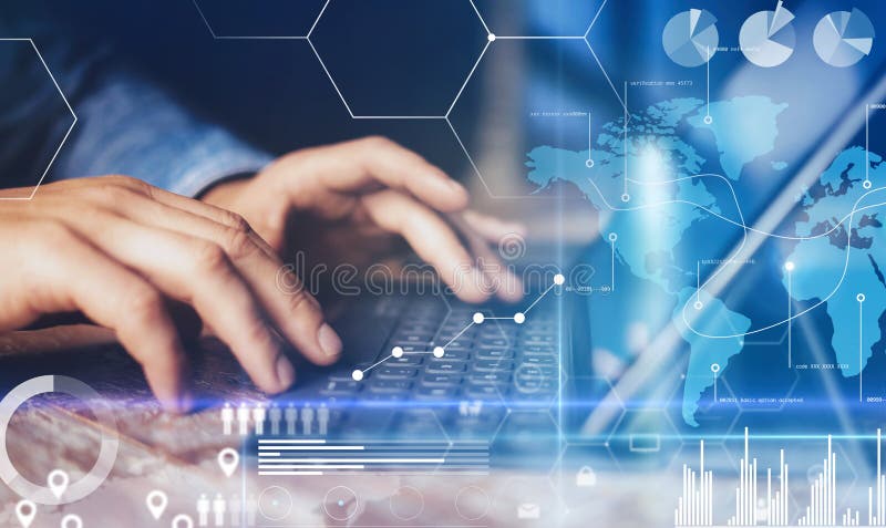 Concept of virtual diagram,graph interfaces,digital display,connections,statistics icons.Male hands typing on dock keyboard contemporary electronic tablet.Blurred background. Horizontal