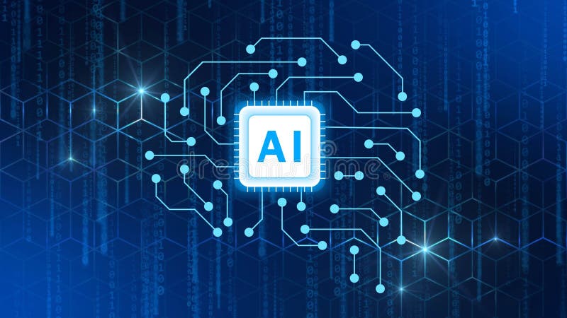 Concept of Visualization of Artificial Intelligence - AI lettering on binary code background with honeycomb elements royalty free illustration