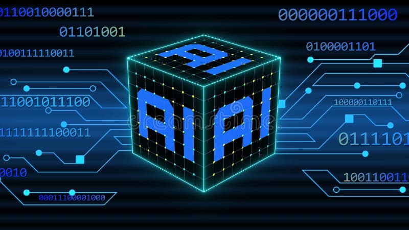 Concept of Visualization of Artificial Intelligence - AI letters in the Cube on binary code background in blue design royalty free illustration