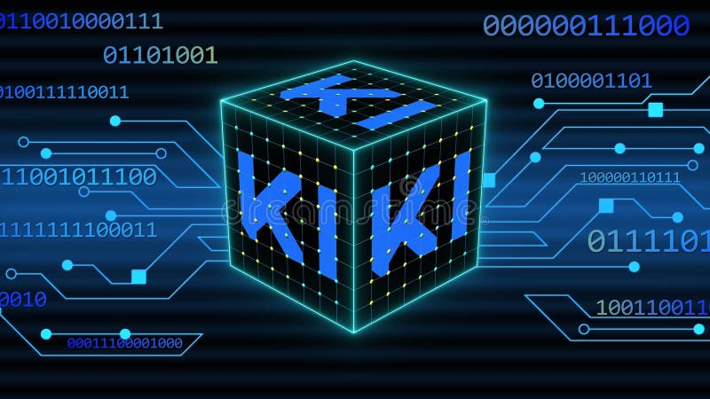 Concept of Visualization of Artificial Intelligence - KI letters in the Cube on binary code background in blue design stock illustration