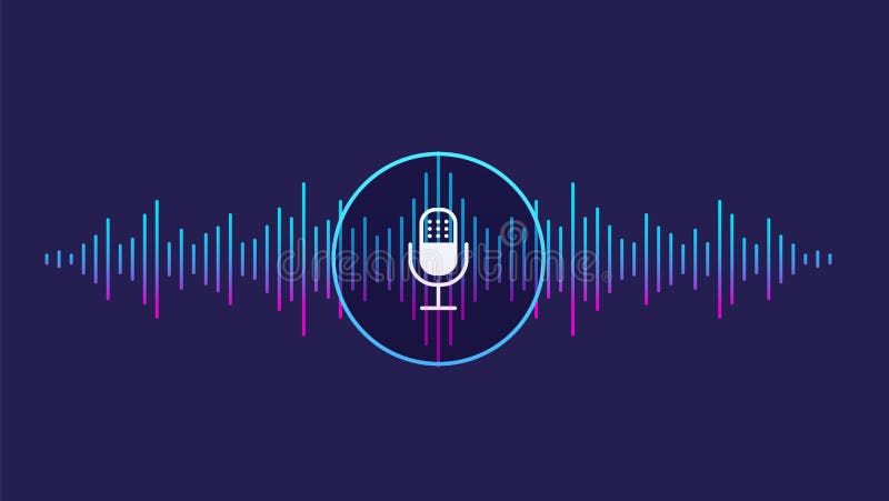 Concept of voice recognition. Sound wave with imitation of voice, sound and microphone icon.