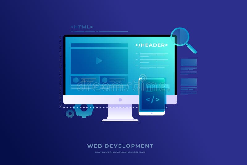 Concept Web ontwikkeling, programmering en het coderen Elementen van interface en videospelervenster op het monitorscherm royalty-vrije illustratie Concept Web ontwikkeling, programmering en het coderen Elementen van interface en videospelervenster op het monitorscherm royalty-vrije illustratie