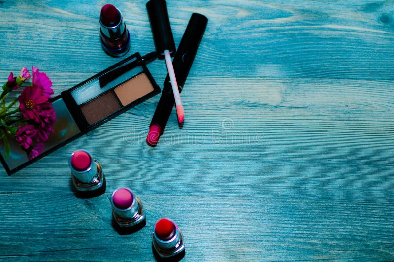 The Concept of Women`s Beauty. Set for Makeup on a Blue Background Stock Photo Image of