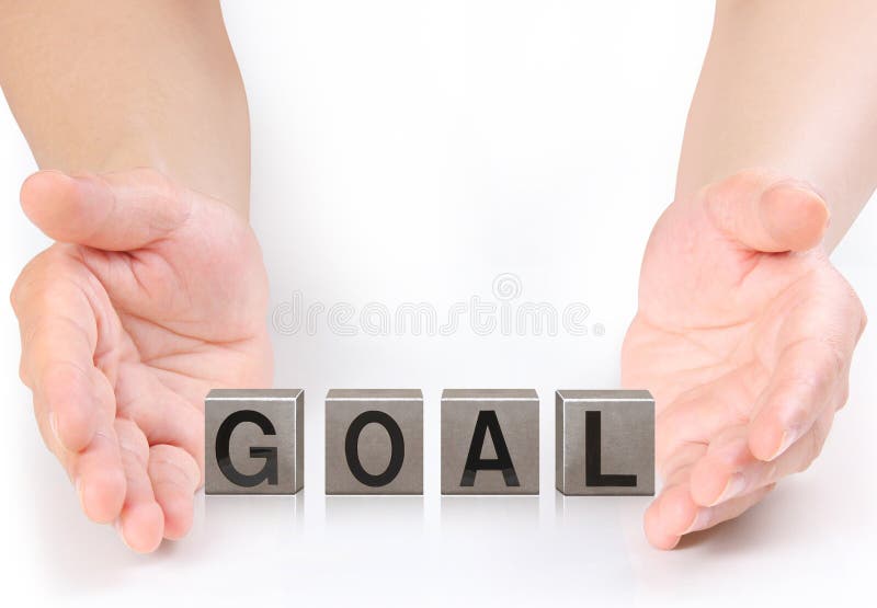 Concept word forming a metal box in open hand stock images