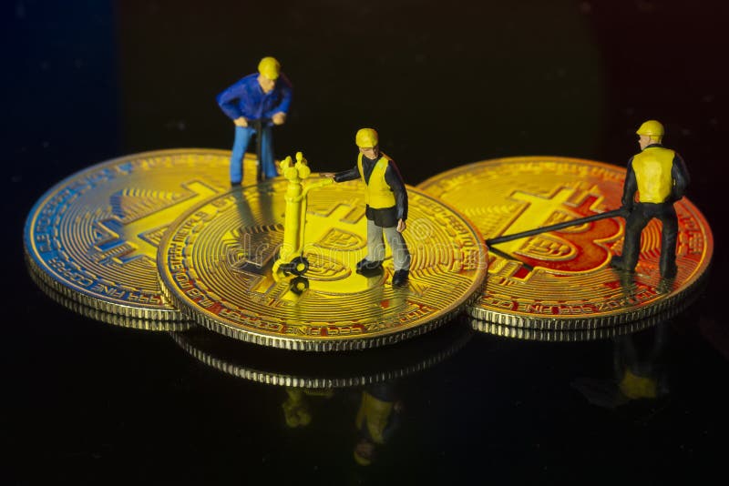 Concept of Workers Mining Bit Coin Miniature People Macro Stock Photo ...