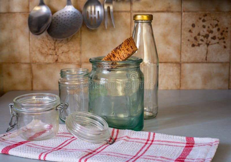 Concept Zero Waste Kitchen, Recycled Glass Jars & Bottle Stock Photo