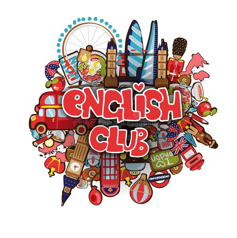 Concept éducatif de club anglais L'expression anglaise de club sur le griffonnage de bande dessinée objecte dans le thème de Lond illustration de vecteur Concept éducatif de club anglais L'expression anglaise de club sur le griffonnage de bande dessinée objecte dans le thème de Lond illustration de vecteur