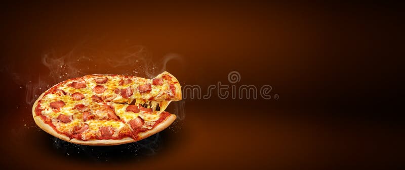 Concepten promotievlieger en affiche voor pizzeriamenu met de heerlijke pepperonis van de smaakpizza, mozarellakaas en exemplaarr stock afbeelding Concepten promotievlieger en affiche voor pizzeriamenu met de heerlijke pepperonis van de smaakpizza, mozarellakaas en exemplaarr stock afbeelding