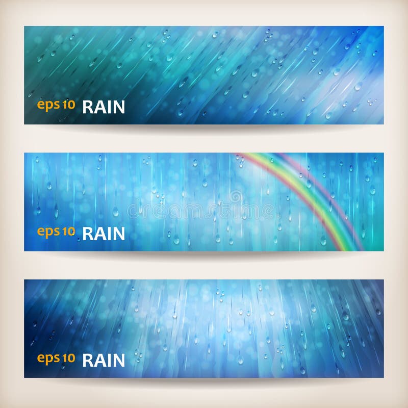 Blue rain banners. Abstract water background design. Rainy weather vector colorful bright background with falling in transparent drops, rainbow, ripple texture and blurred lights in wet day. Blue rain banners. Abstract water background design. Rainy weather vector colorful bright background with falling in transparent drops, rainbow, ripple texture and blurred lights in wet day
