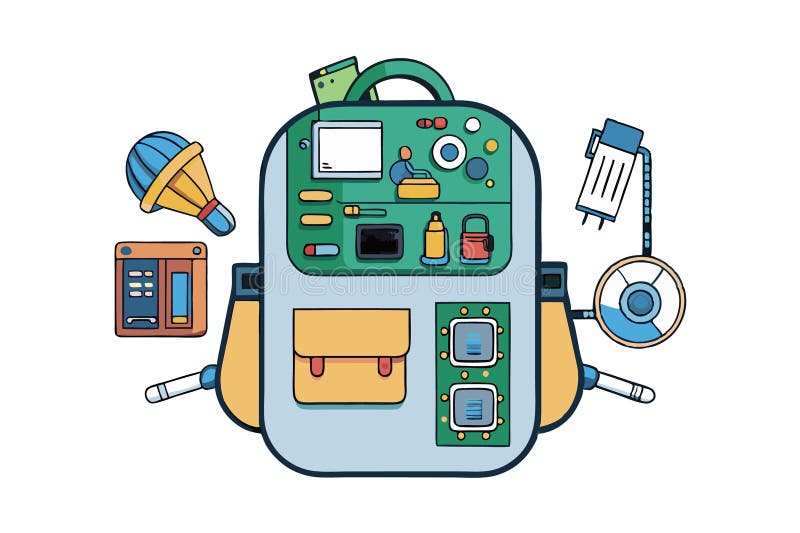 Conception créative d'un sac à dos high-tech présentant des outils et des équipements modernes pour l'éducation à l'intelligence a illustration stock