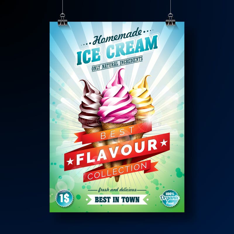 Conception d'affiche de crème glacée avec le dessert délicieux et le ruban marqué sur le fond vert frais Calibre de conception de illustration de vecteur Conception d'affiche de crème glacée avec le dessert délicieux et le ruban marqué sur le fond vert frais Calibre de conception de illustration de vecteur