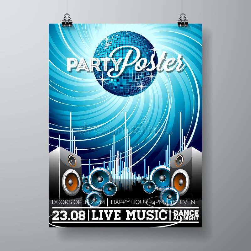 Vector Party Flyer Design with music elements on blue background. Speakers and disco ball. Eps10 illustration. Vector Party Flyer Design with music elements on blue background. Speakers and disco ball. Eps10 illustration.