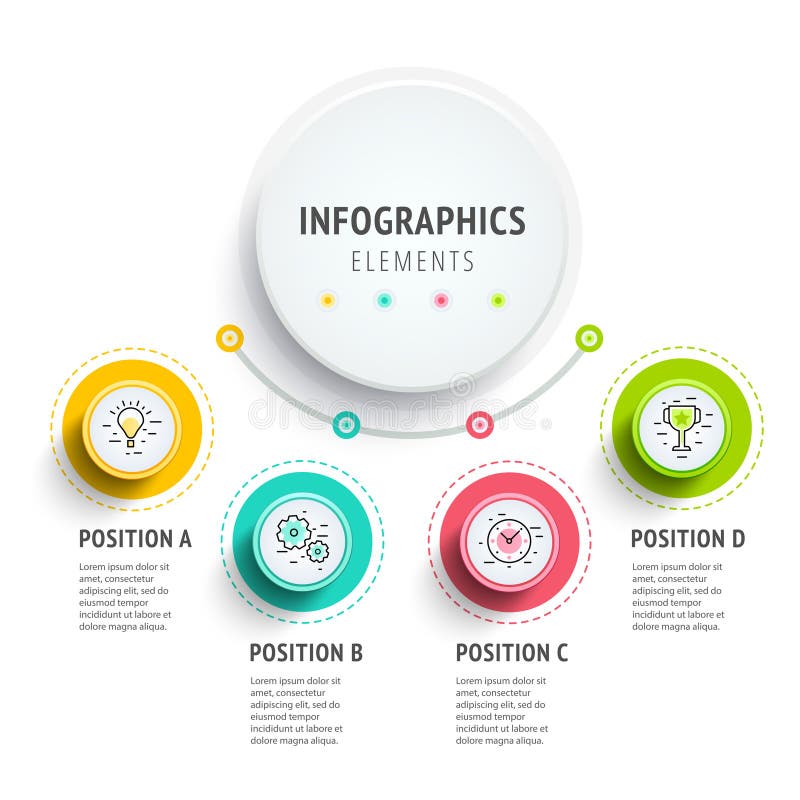 Circle infographics elements design. Abstract business workflow presentation with linear icons. Steps on timeline or job options in 3D style. Best for commercial slideshow or website landing interface. Circle infographics elements design. Abstract business workflow presentation with linear icons. Steps on timeline or job options in 3D style. Best for commercial slideshow or website landing interface.