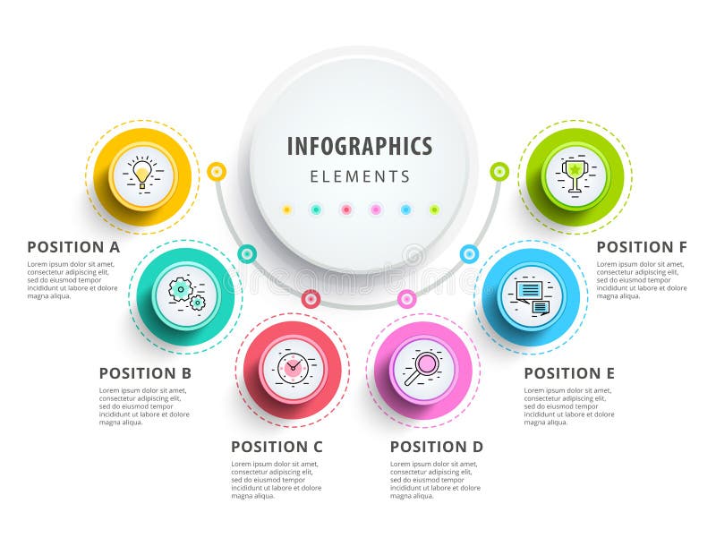 Circle infographics elements design. Abstract business workflow presentation with linear icons. 6 step on timeline or job options in 3D style. Best for commercial slideshow or website landing interface. Circle infographics elements design. Abstract business workflow presentation with linear icons. 6 step on timeline or job options in 3D style. Best for commercial slideshow or website landing interface.