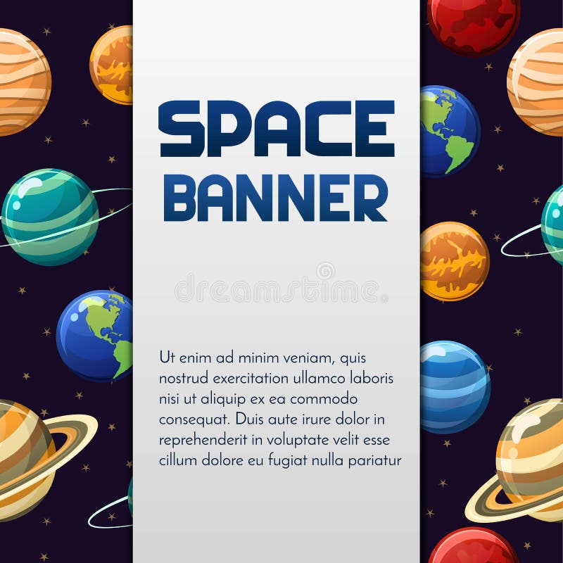 Conception de bannière de vecteur d'espace avec des planètes et label pour le texte Perfectionnez pour la couverture, affiche, in illustration stock Conception de bannière de vecteur d'espace avec des planètes et label pour le texte Perfectionnez pour la couverture, affiche, in illustration stock