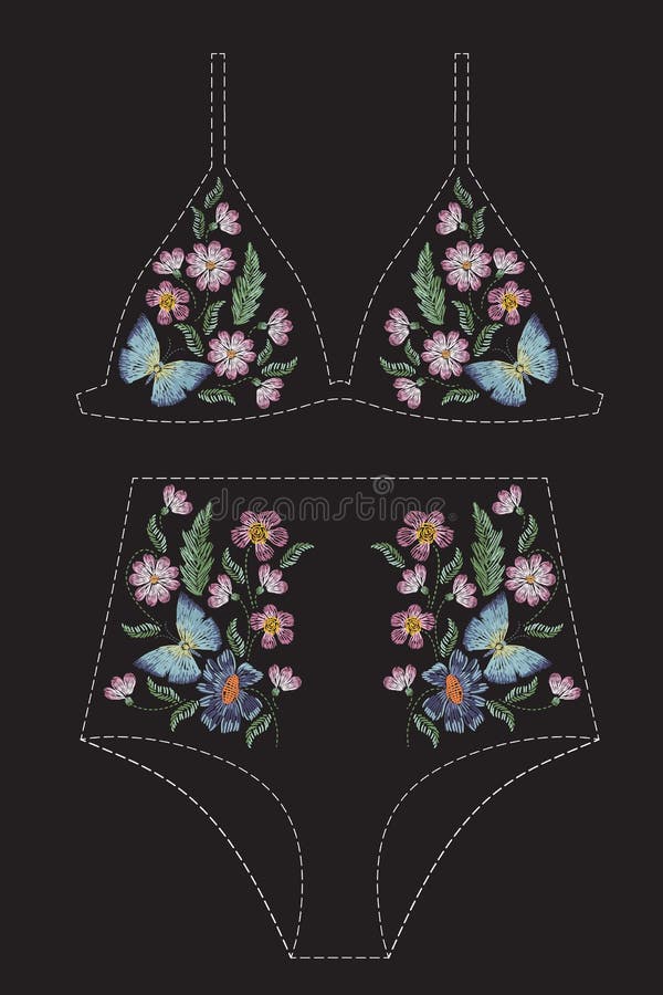 Conception de broderie de point de satin avec des fleurs et des papillons Ligne folklorique modèle à la mode floral pour le maill illustration stock Conception de broderie de point de satin avec des fleurs et des papillons Ligne folklorique modèle à la mode floral pour le maill illustration stock