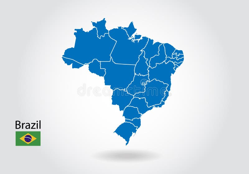 brazil map design with 3D style. Blue brazil map and National flag. Simple vector map with contour, shape, outline, on white. brazil map design with 3D style. Blue brazil map and National flag. Simple vector map with contour, shape, outline, on white.