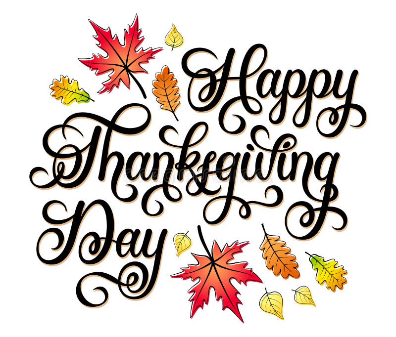 Conception de lettrage tirée par la main de vecteur de jour de thanksgiving avec des feuilles d'automne illustration stock Conception de lettrage tirée par la main de vecteur de jour de thanksgiving avec des feuilles d'automne illustration stock