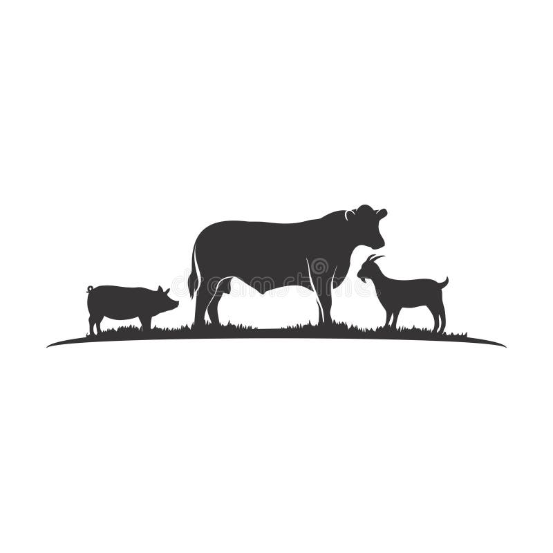 Cattle Angus Cow, Goat and Pig silhouettes livestock farm logo design on white background. Cattle Angus Cow, Goat and Pig silhouettes livestock farm logo design on white background