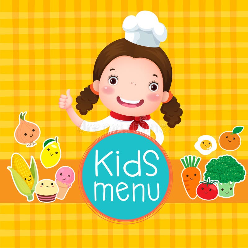 Conception de menu d'enfants avec le chef de sourire de fille illustration stock Conception de menu d'enfants avec le chef de sourire de fille illustration stock