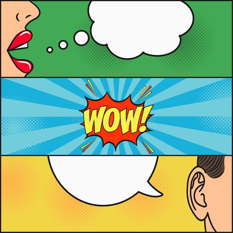 Conception de page de bande dessinée Le dialogue de la fille et le type avec la parole bouillonnent avec les émotions - wow Les l illustration de vecteur Conception de page de bande dessinée Le dialogue de la fille et le type avec la parole bouillonnent avec les émotions - wow Les l illustration de vecteur