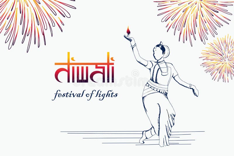 Conception de salutation de festival de Diwali avec le danseur indien tiré par la main de fille tenant le diya brûlant Illustrati illustration de vecteur Conception de salutation de festival de Diwali avec le danseur indien tiré par la main de fille tenant le diya brûlant Illustrati illustration de vecteur