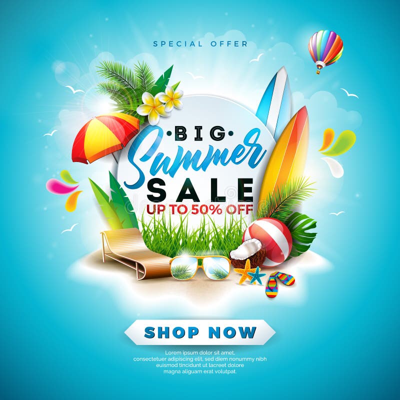 Conception de vente d'été avec la fleur, les éléments de vacances de plage et les feuilles exotiques sur le fond bleu Vecteur flo illustration stock Conception de vente d'été avec la fleur, les éléments de vacances de plage et les feuilles exotiques sur le fond bleu Vecteur flo illustration stock