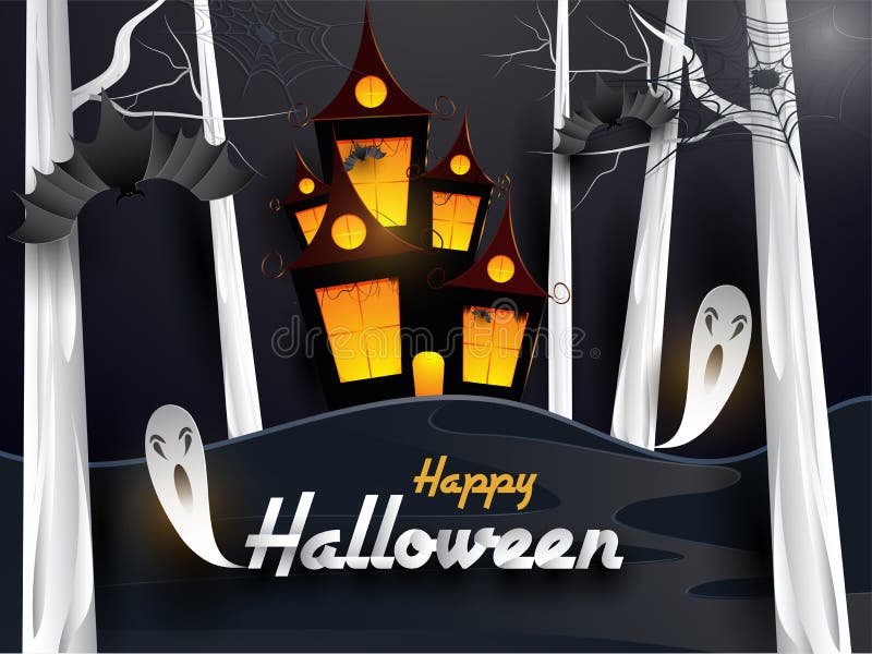 Conception effrayante de Halloween avec le château hanté, le fantôme volant et le spo illustration stock Conception effrayante de Halloween avec le château hanté, le fantôme volant et le spo illustration stock