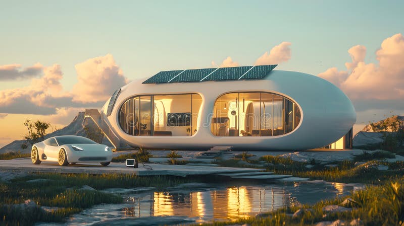 Conception futuriste maison moderne paysage architecture rendre éco environnement esthétique point de vue novateur vie illustration de vecteur