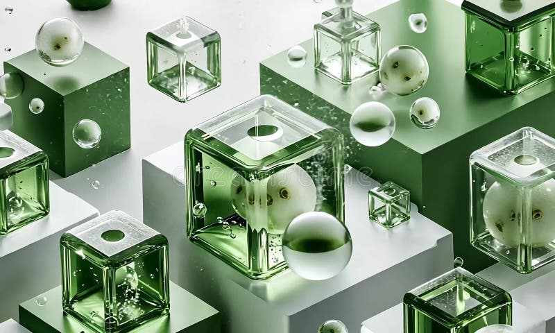 Conception géométrique abstraite avec des cubes translucides et des sphères affichant une esthétique verte fraîche illustration libre de droits
