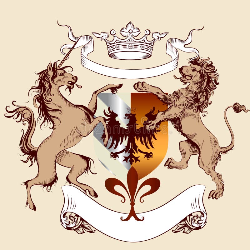 Conception héraldique avec le manteau des bras, du lion et du cheval dans l'étable de vintage illustration libre de droits Conception héraldique avec le manteau des bras, du lion et du cheval dans l'étable de vintage illustration libre de droits