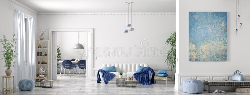 Conception intérieure d'un appartement moderne scandinave, salon et salle à manger, rendu panoramique 3d