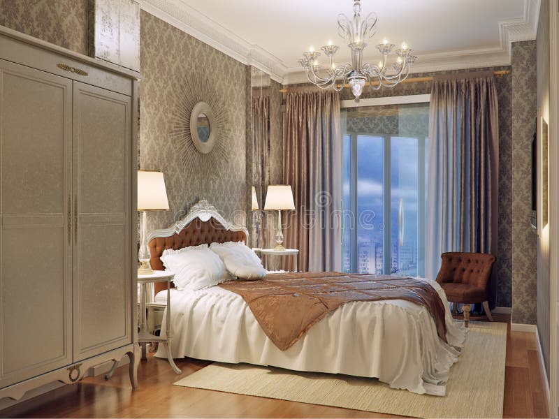 Conception intérieure de chambre à coucher de luxe dans le style classique avec le miroir âgé photos stock Conception intérieure de chambre à coucher de luxe dans le style classique avec le miroir âgé photos stock