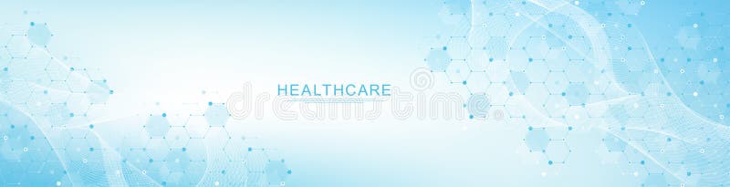Conception moderne des soins de santé ou des antécédents médicaux. concept d'innovation en santé. bannière web d'en-tête horizontale. fond géométrique abstrait avec des formes hexagonales pour la chimie des sciences médicales