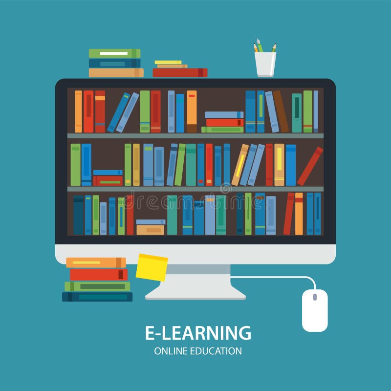 Conception plate de bibliothèque de concept en ligne d'éducation illustration libre de droits Conception plate de bibliothèque de concept en ligne d'éducation illustration libre de droits