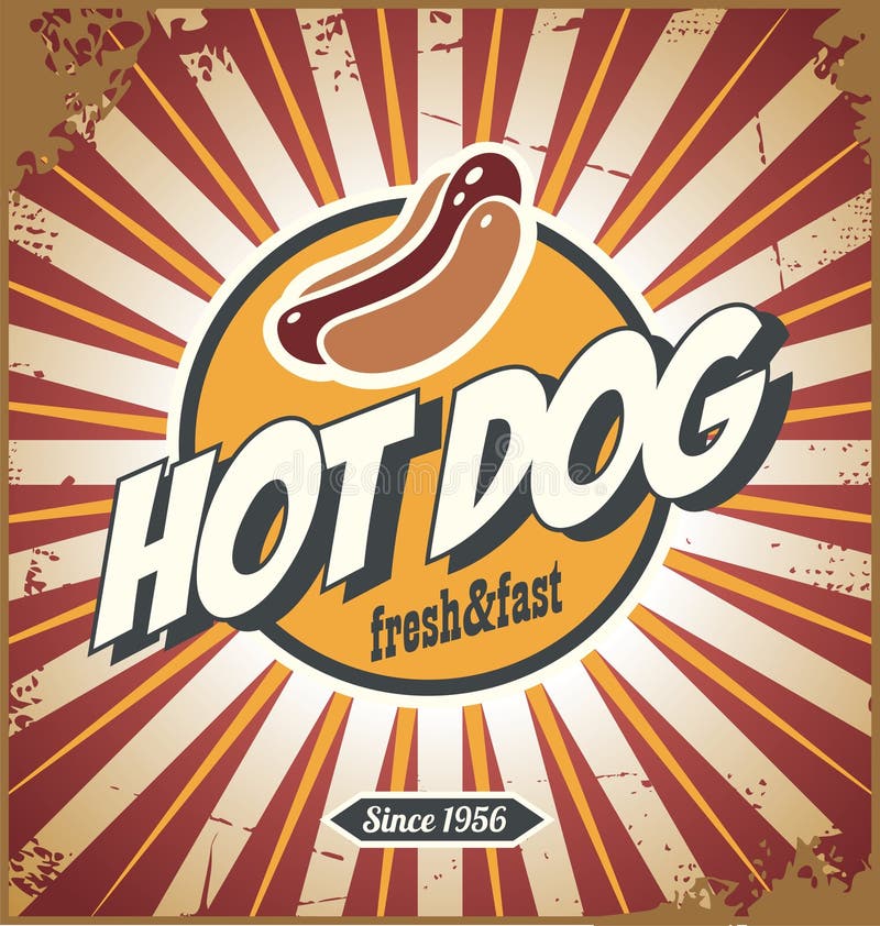 Conception promotionnelle de signe de style comique de hot-dog rétro illustration libre de droits Conception promotionnelle de signe de style comique de hot-dog rétro illustration libre de droits