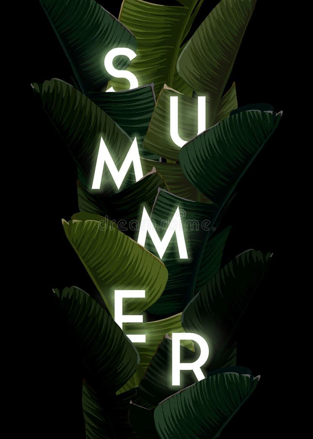 Dark summer tropical design with banana palm leaves and integrated text with 3d effect. Vector illustration. Dark summer tropical design with banana palm leaves and integrated text with 3d effect. Vector illustration.