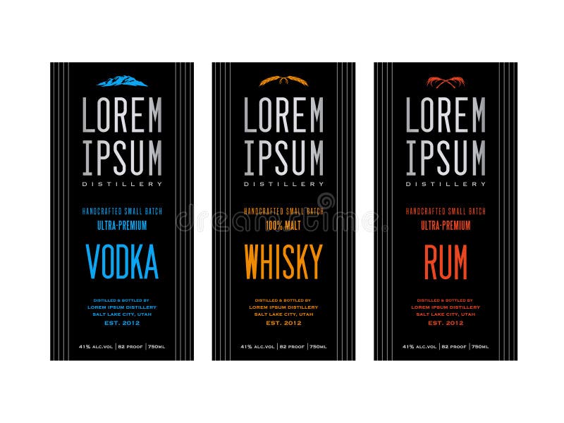 Liquor bottle label designs for vodka, whisky whiskey and rum. Liquor bottle label designs for vodka, whisky whiskey and rum